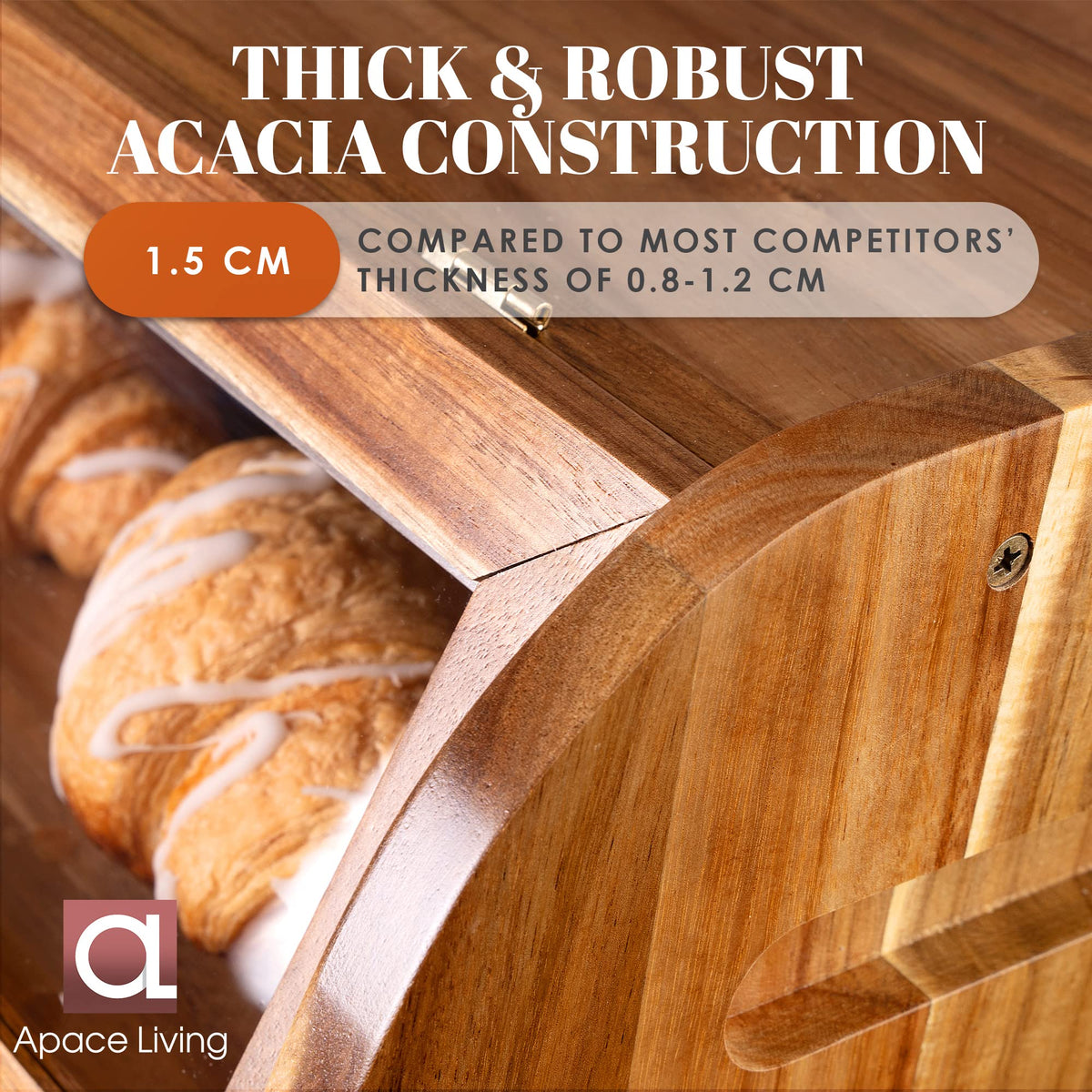 Arise Stylish Acacia Bread Box for Kitchen Countertop, Extra Large 2-Shelf Wooden Bread Storage Container with Clear Windows and Air Vents Keep Bread, Bagels and Rolls Fresh, Self Assembly