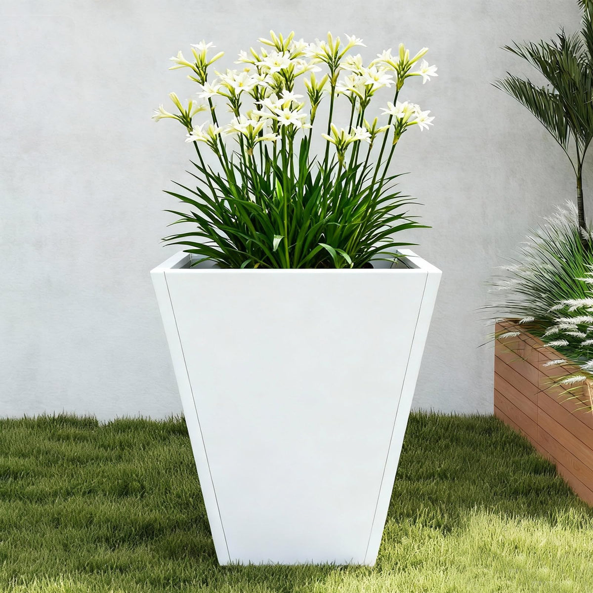 Kllkmmws Garden Planters, Indoor Outdoor Large Iron Taper Plant Pot with Bottom Drain Hole, Flower Pots for Front Porch, Patio, Balcony (White, 16 * 16 * 18in)