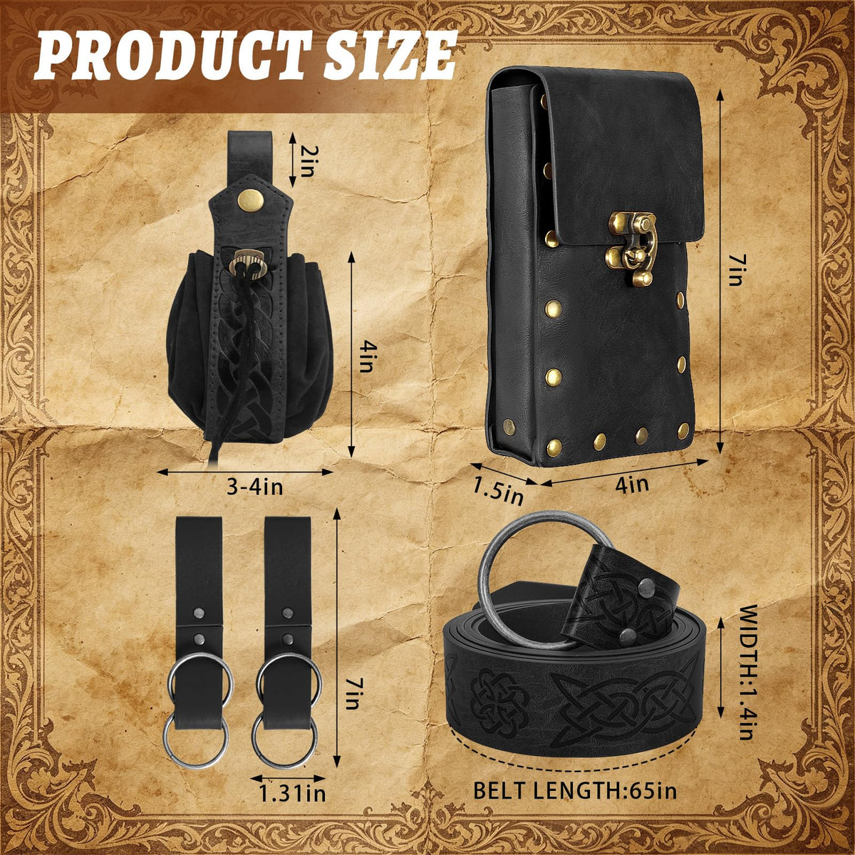 Renaissance Medieval Belt Pouch Set - Medieval Accessories with Pirate Belt Waist Bag Purse for Halloween & Cosplay (Black-A)