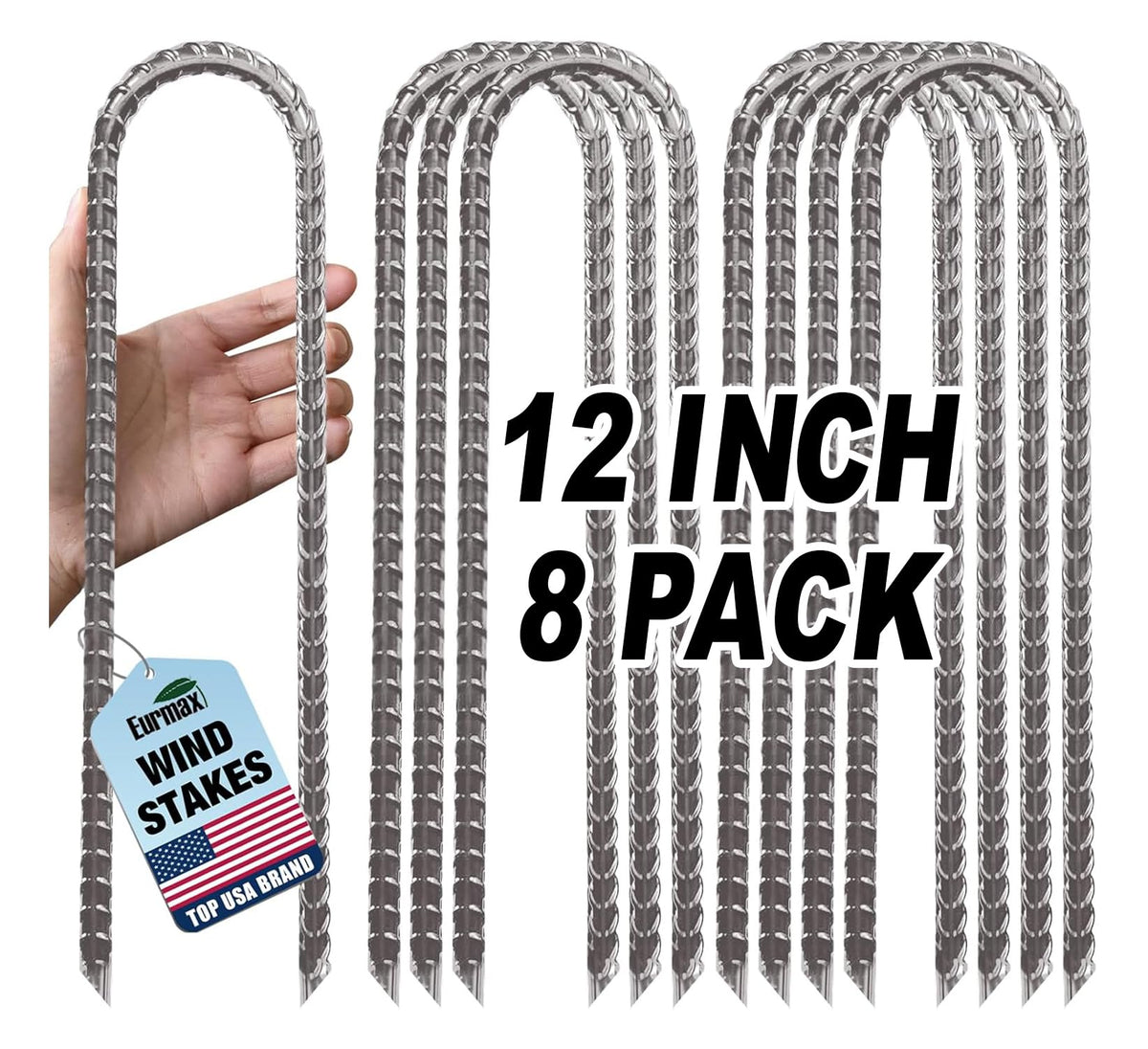Eurmax USA 12" Windproof Trampoline Stakes,Rust-Proof Galvanized Steel U-Shape Ground Anchor,Commercial Tent Stakes for High Winds,Secure Anti-Flip Tie Down for Soccer Goals,Swing Sets,Fences&Playsets