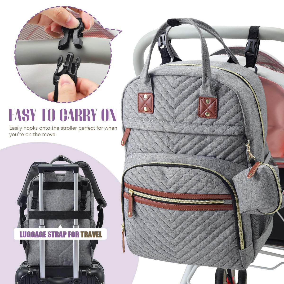 Tuwubi Diaper Bag Backpack, Baby Essentials Travel Tote Bag, Multi function Waterproof Backpacks, Travel Essentials with Stroller Straps & Pacifier Case - Grey
