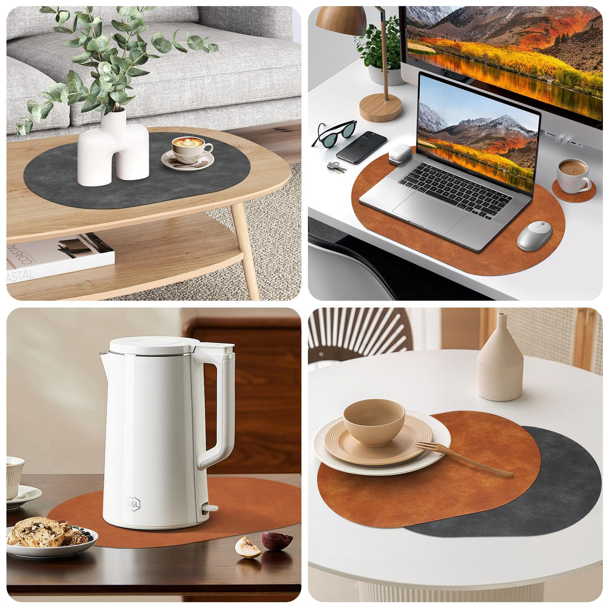 Pixieora Oval Placemats and Coasters Set of 8, Washable Reversible Faux Leather Placemats Cowhide Pattern Place Mats Wipeable Non-Slip 12 x 17 inch Kitchen Dining Table Mats (Gray Brown, 8)