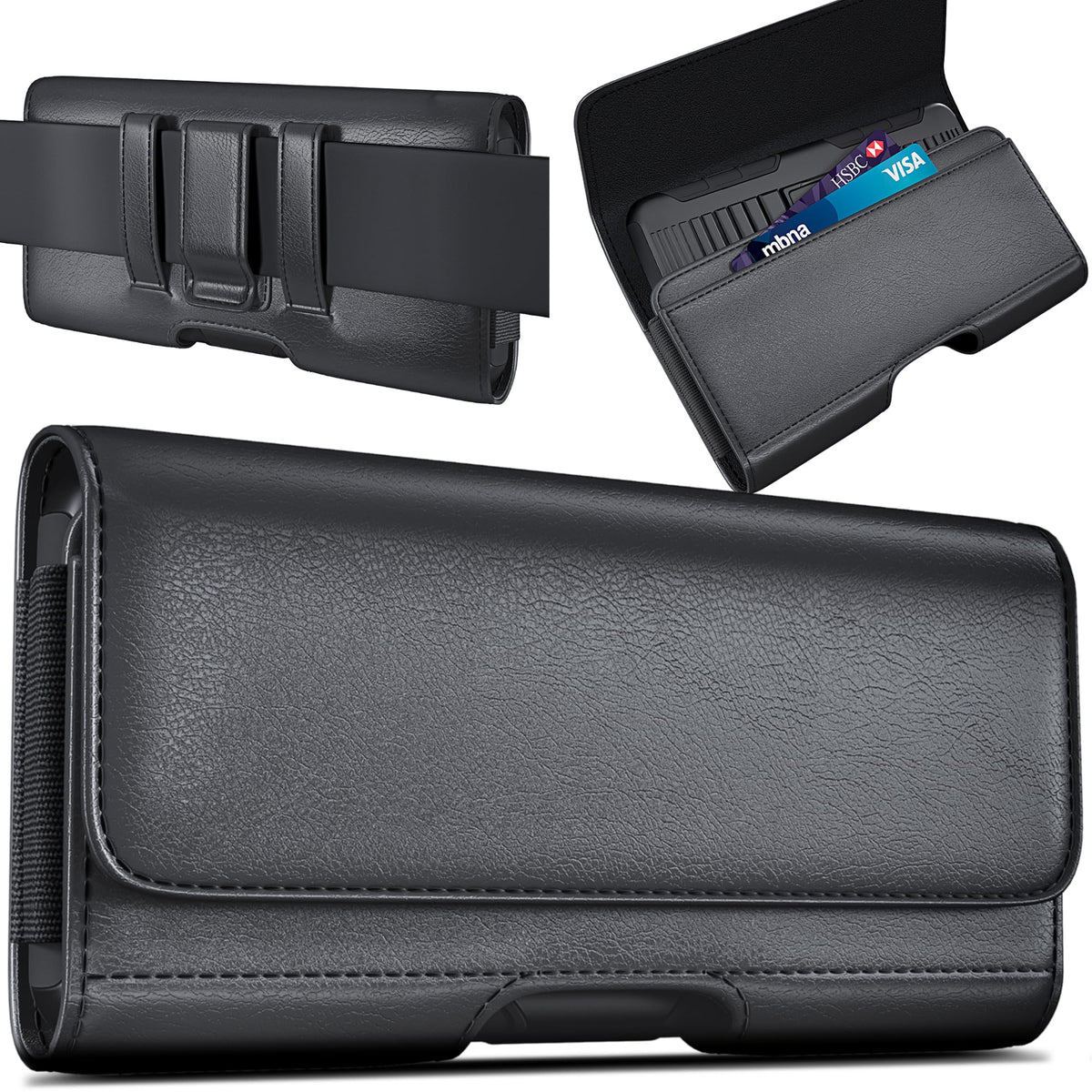 DeBin Cell Phone Case for iPhone Pro Max, Plus Models 16/15/14/13/12/11/Xs Max - Leather Belt Clip Holster with ID/Credit Card Pouch, Magnetic Closure - Black