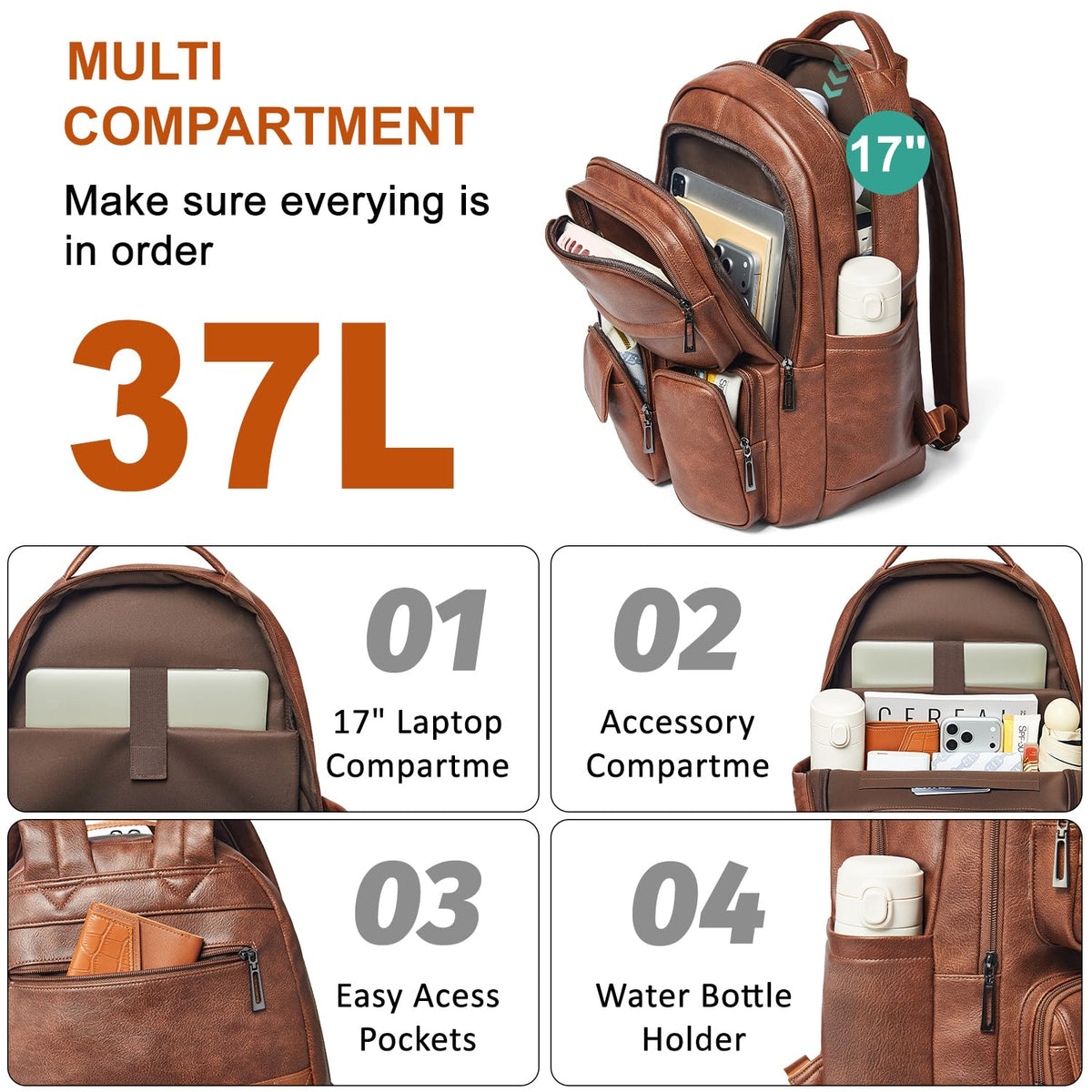 LATMAP Vegan Leather Backpack Purse for Women Men 17 Inch Laptop Backpack for Travel Multipurpose Design Ladies Work College Handbag Shoulder Bag - Brown