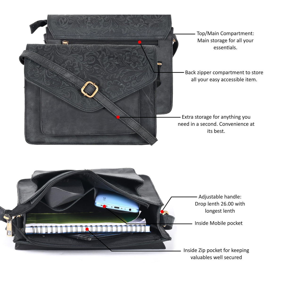 Leather Flapover Crossbody Handbag Purse for Women with Adjustable Strap & Overflap Snap Closure Tote/Bag (E.Black Hunter)