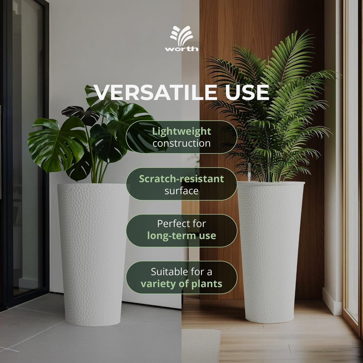Worth 2 Pack 28" Tall Narrow Metal Planter with Inside Pot for Indoors or Outdoors, Deck, Patio or Front Porch, Hand-Hammered Texture, White