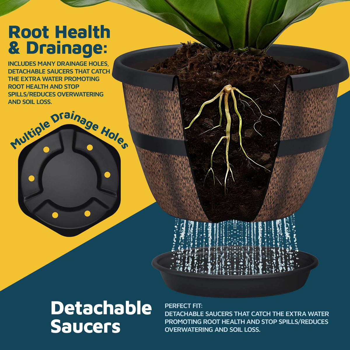 10-Inch Whiskey Barrel Planters Outdoor Pack of 25 - Durable Plastic Plant Pots for Indoor & Outdoor Use with Drainage & Saucer, Lightweight Rustic Barrel Planters for Flowers, Herbs & Small Plants