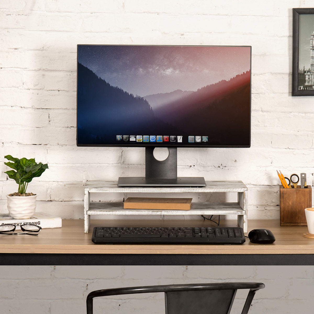 MyGift Shabby Whitewashed Wood Computer Monitor and Laptop Riser Stand for Desk, 2 Tier Office Desktop Storage Shelf