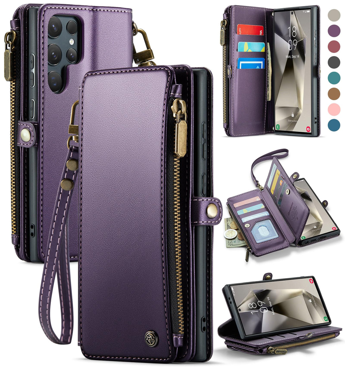 Defencase Compatible with Samsung Galaxy S24 Ultra Case Wallet with RFID Blocking Card Holder for Women Men, PU Leather Magnetic Snap Flip Zipper Strap Phone Case Fit for Galaxy S24 Ultra 5G, Purple