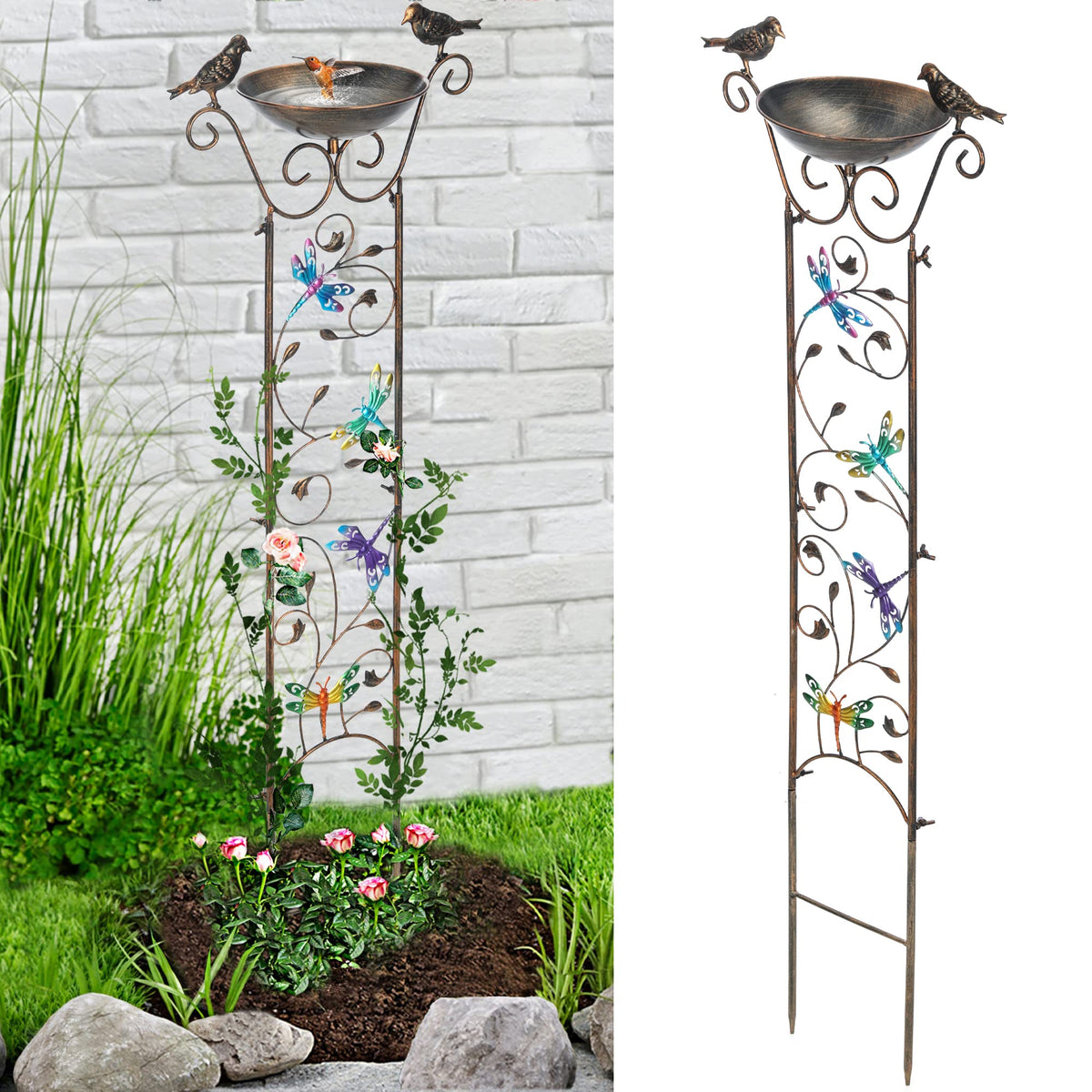 LEWIS&WAYNE Garden Trellis Bird Bath Outdoor, 40 Inch Antique Iron Garden Plant Trellis Decorative with Dragonfly and Detachable Drinking Basin Bowl, Free Standing BirdBath Birdfeeder Station