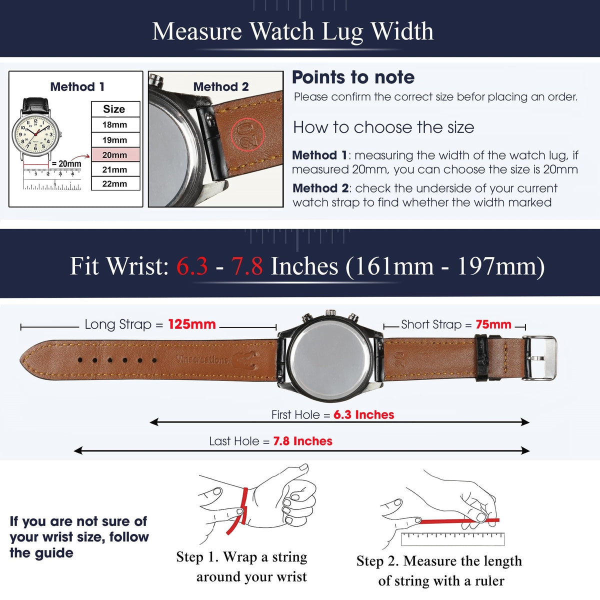 vinacreations 20mm Vintage Black Leather Watch Band Men Quick Release Replacement Strap Soft Handmade Wristband Stainless Steel Buckle, Christmas Fathers Day Gift for Dad Son Husband DH-201-20MM