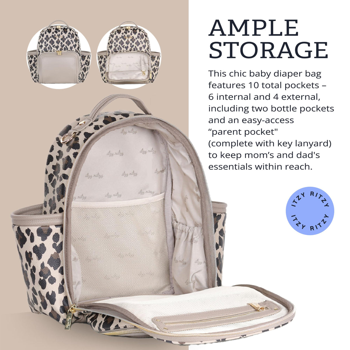 Itzy Ritzy Mini Diaper Bag Backpack – Chic, Compact Mini Plus Backpack with Changing Pad, 10 Pockets (6 Internal, 4 External), Grab-Top Handle & Rubber Feet (Leopard)