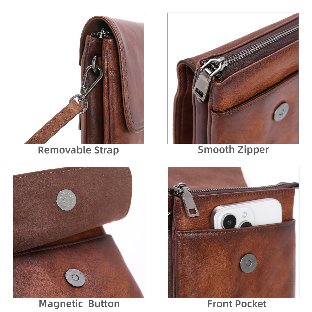 Iswee Genuine Leather Purses Travel Crossbody Bags for Women RFID Anti-Theft Zippered Satchel Bags Cell Phone Bag with Adjustable Strap (Coffee)