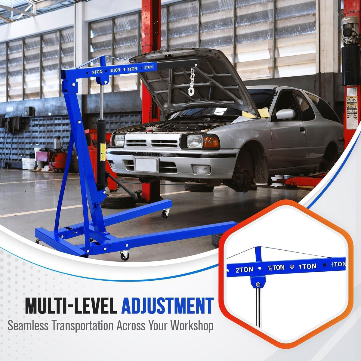 Foldable Engine Hoist, 2 Ton (4000 LB) Hydraulic Cherry Picker, Steel Mobile Load Lifter with 6 Wheels and Telescopic Boom, for Shop Crane, Garage, Workshop, Auto Repair, Heavy-Duty, Blue