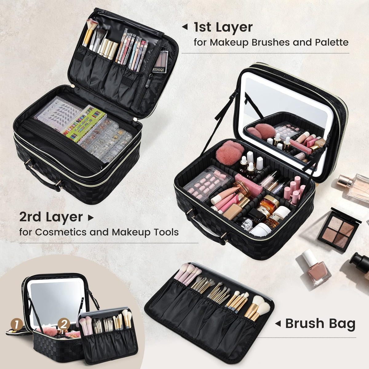 Makeup Bag with LED Lighted Mirror 12.2 IN Cosmetic Train Case Double Layer Makeup Case Adjustable Brightness in 3 Colors Cosmetic Organizer Artist Storage with Brush Holder Vanity Black Checkerboard
