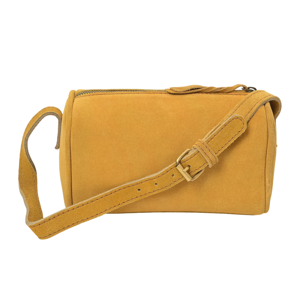 Merbaa Leather Cosmetic Bag for Women with Zipper Closure & Shoulder Strap, Small Genuine Suede Makeup Pouch Organizer Travel Toiletry Case Crossbody Sling Purse. Tan