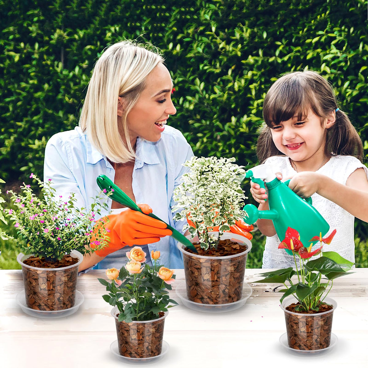 HQAUT 24 Pack 7/6/5 Inch Clear Nursery Pots with Drainage and Saucers, Clear Plastic Plant Pots for Plants, Seed Starting Pots