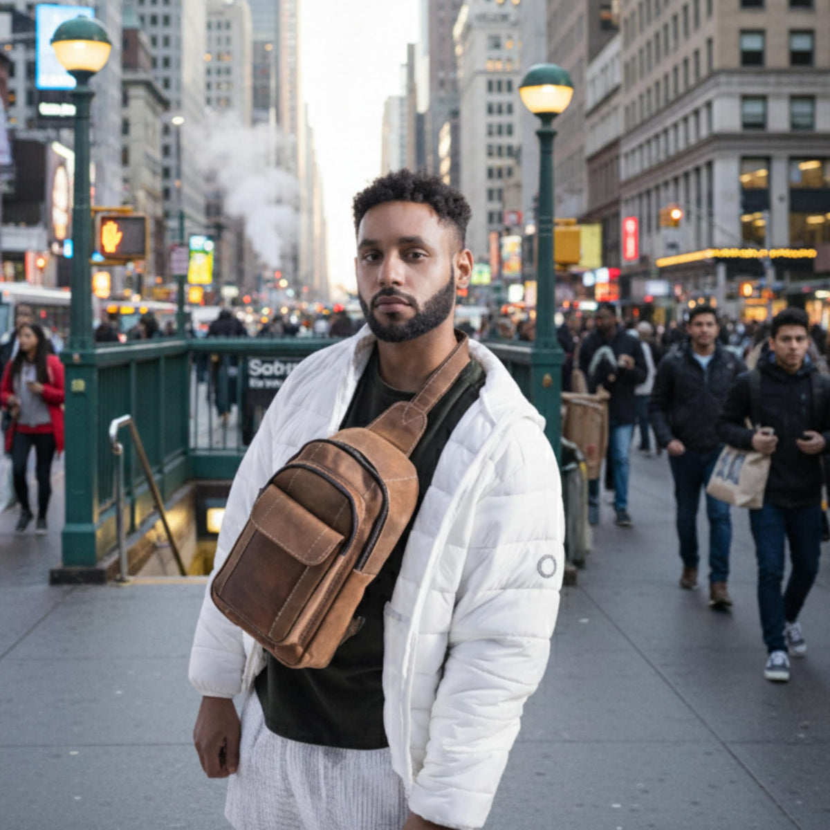 Handmade World Genuine Leather Sling Chest Crossbody Bag Backpack Small 'The RoamRush' Buffalo Hunter Leather Shoulder Travel Daypack