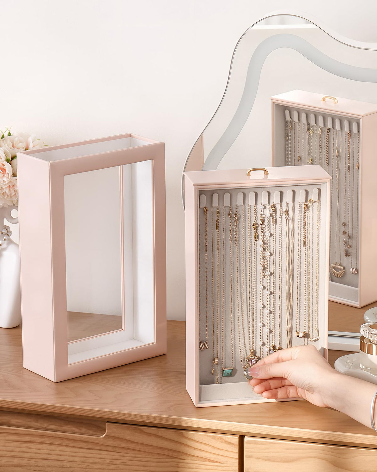 Lolalet Upgraded Double-Sided Hanging Necklace Organizer Box, Jewelry Display Case with Double-Sided Clear Window for Necklaces Bracelets, Tangle-Free Necklace Storage Box, Pink, 1-Layer 20 Hooks