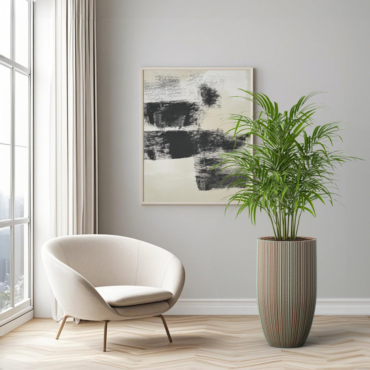 Humid Jade Tall Round Concrete Planter – 24 Inch Tall Mineral-Toned Surface Plant Pot with Drainage Hole and Plug, Ideal for Succulents, Flowers and Trees for Porch, Patio or Home, Verdigris Mist
