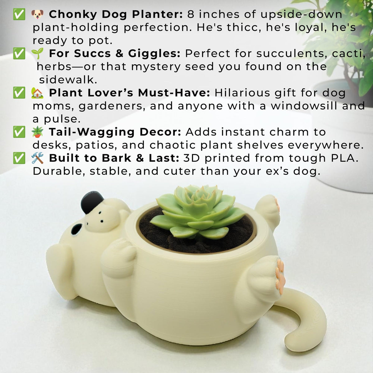 Mivi Collection Chonky Dog Belly Plant Pot – Lay-Flat Pup Planter for Succulents, Funny Pet Lover Gift, Cute and Uselessly Helpful Dog Container for Home or Office Decor