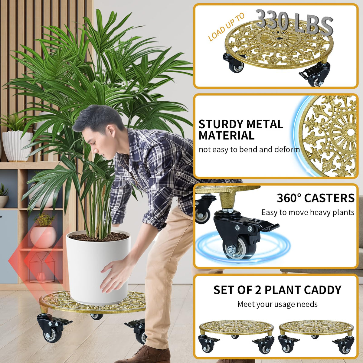 GARGENTOL 2 Pack 11 Inch Gold Metal Plant Caddy with Wheels, Round Rolling Plant Stand Heavy Duty Indoor Outdoor Planter Dolly, Plant Pot Mover for Large Flower Pots and Planters