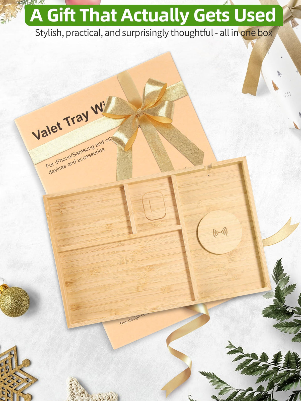 Bamboo Valet Tray with Dual Wireless Charger - EDC Nightstand Organizer for Men - Desk Tray & Catchall for Phone, Watch, Keys - Aesthetic Desk Accessories & Father’s Day Gift for Men (Natural)