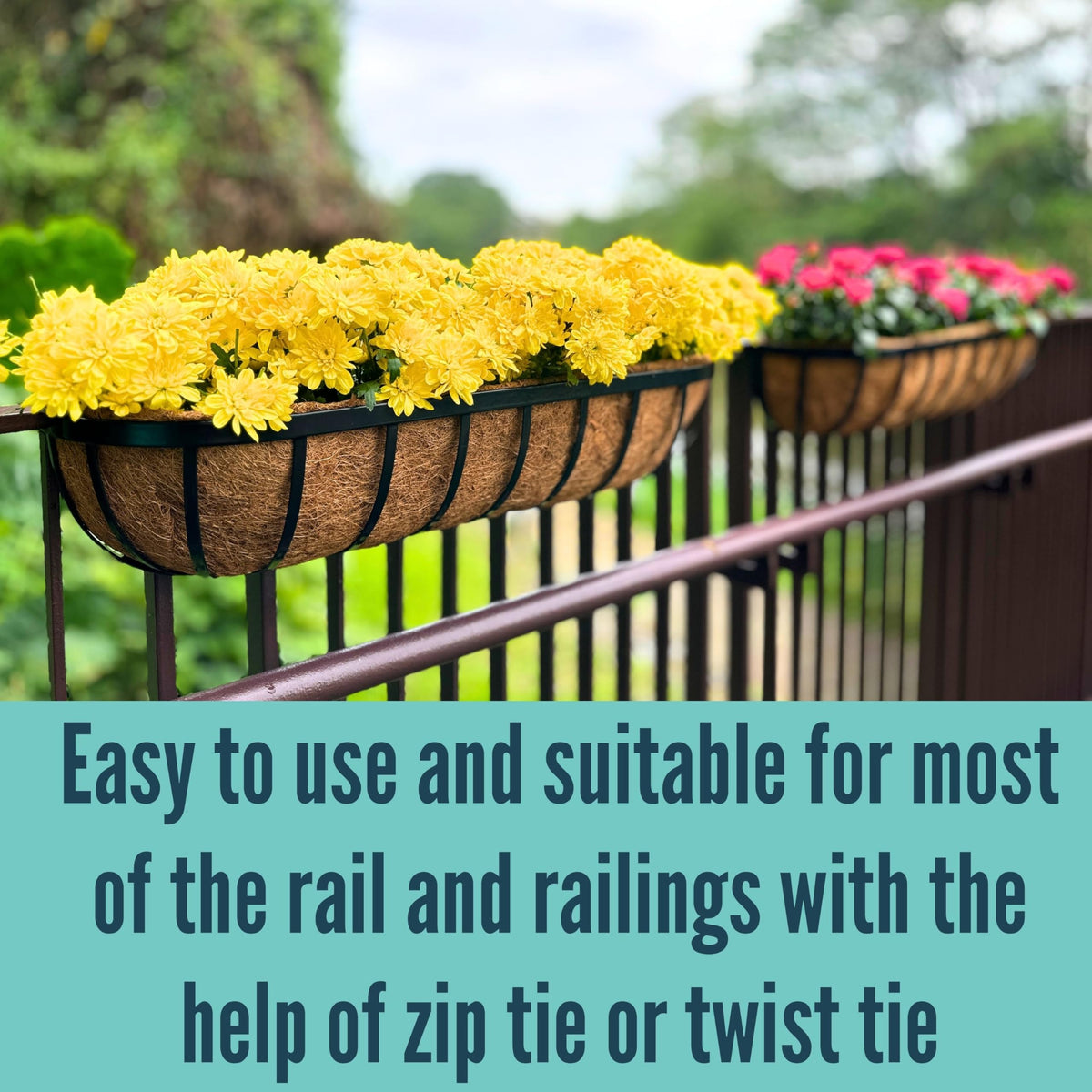 LaLaGreen Railing Planter Box (24 Inch, 4 Pack) Black Metal Rectangular Hanging Planters with Coco Liner, Flower Boxes Brackets for Deck Railings Outdoor Plants Over Rail Fence Balcony Patio Porch