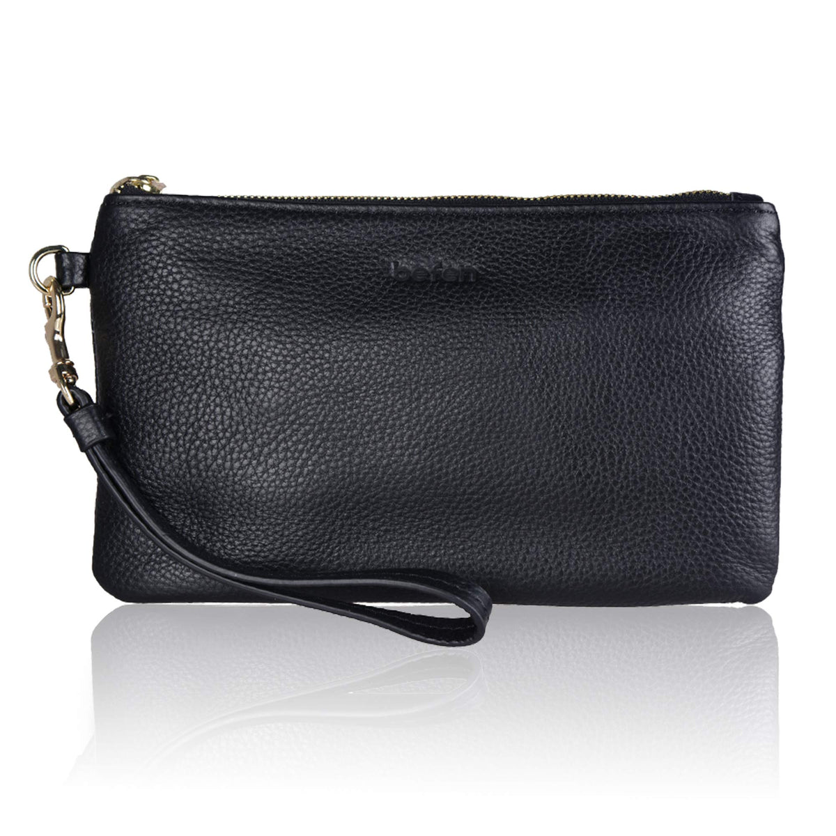 befen Black Genuine Leather Wristlet Clutch RFID Blocking Bag Cell Phone Wallet Purse Smartphone Wristlet Wallet Purses and Handbags for Women