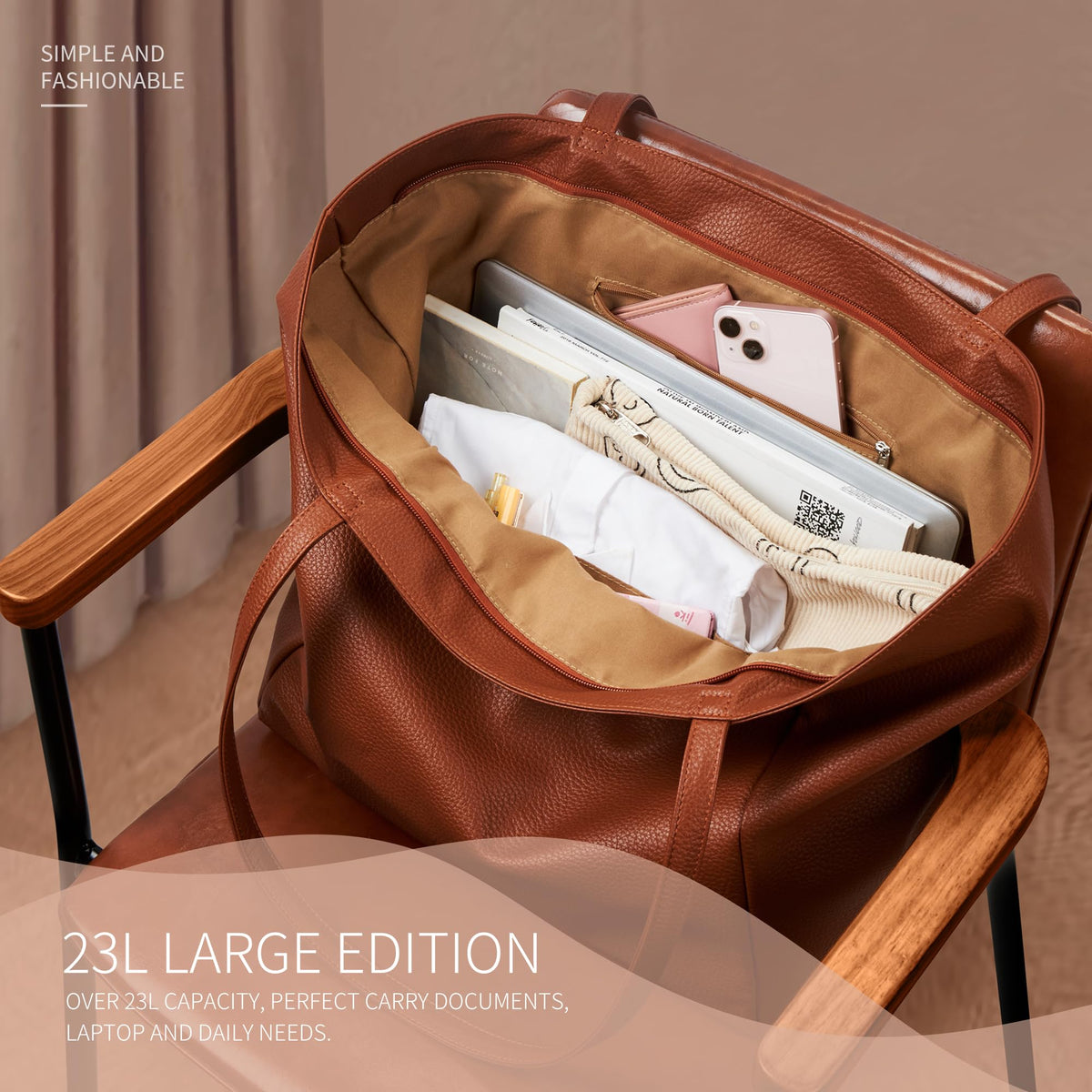 KALIDI Large Tote Bag Vegan Leather Casual Zipper Work Bag Weekender Hobo for Women 25L Oversize Shoulder Travel Purse