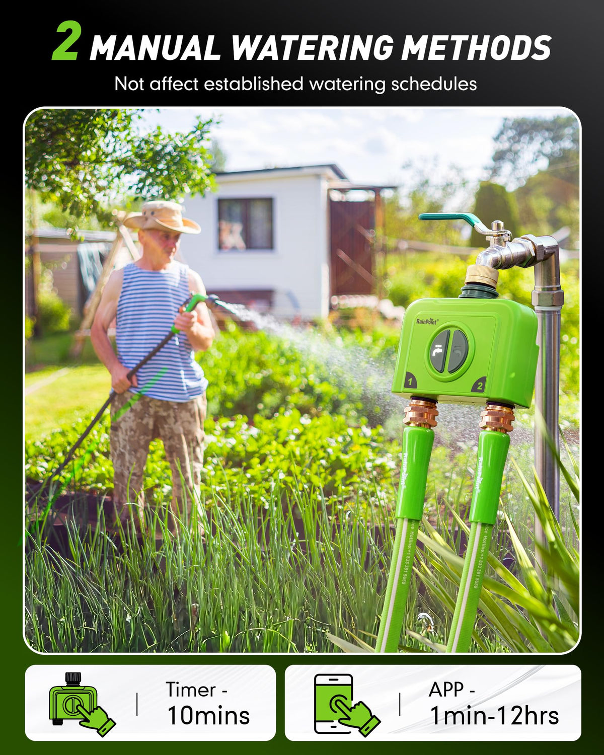 RAINPOINT WiFi Water Timer for Garden Hose, 2 Zone WiFi Sprinkler Controller, Smart Hose Timer Valve, Automatic Drip Irrigation System/Rain Delay for Garden (Brass Inlet & Outlet, Ethernet Gateway)