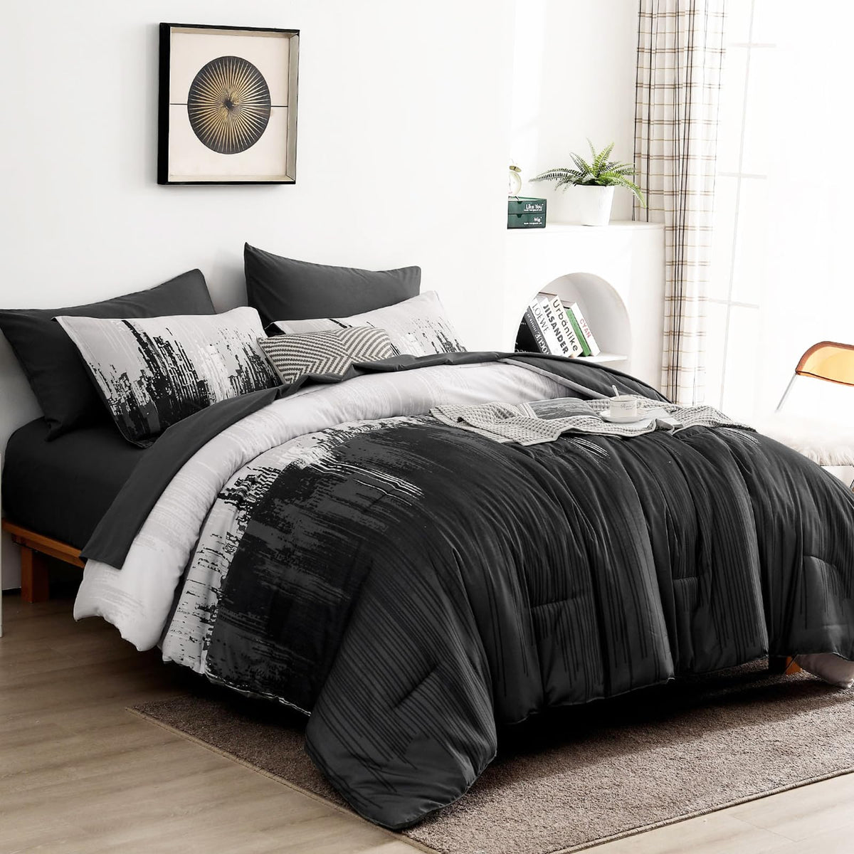 WONGS BEDDING Comforter Set Queen,Black Grey 7 Pieces Bed in a Bag Colorful Abstract Art Gradient Comforter Soft Microfiber Bedding Set with Comforter,Flat Sheet,Fitted Sheet,Pillow Shams,Pillowcases