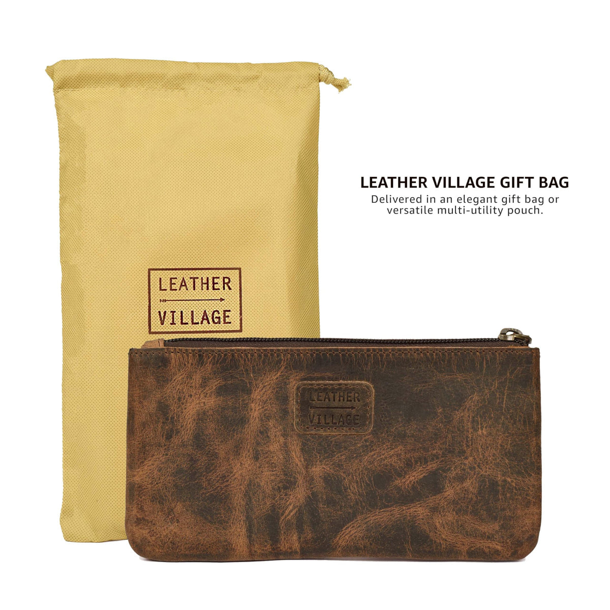 LEATHER VILLAGE Leather Pencil Pouch Pen Case - Rustic/Vintage Brown - 8"X4"- Double Pocket - Elegant and Practical Zipper Pouch Holder for Artists, Men, and Women