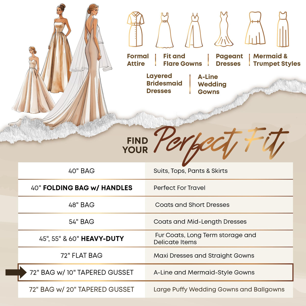 Your Bags Women’s Dress and Gown Garment Bag -72”x24” and 10” Tapered Gusset Prom Bags (Black/White Dress Print)