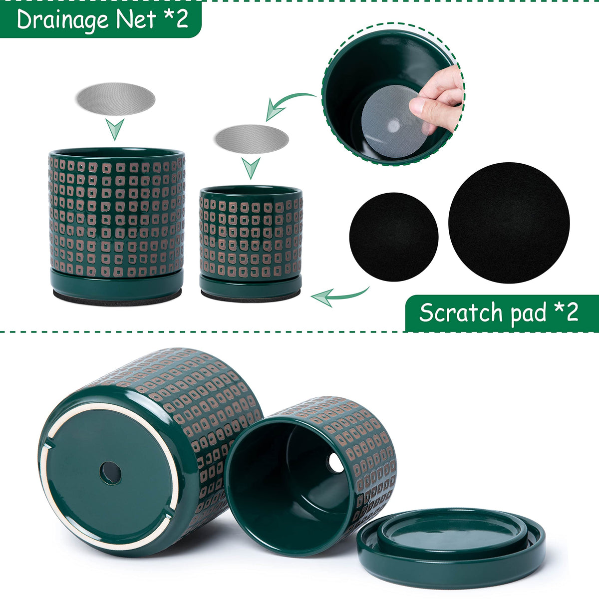 D'vine Dev Set of 2 Ceramic Planter Pots with Drainage Hole and Saucer, 4.5 Inch 6 Inch Plant Pots for Plants Indoor Houseplants, Green, 99-A-4