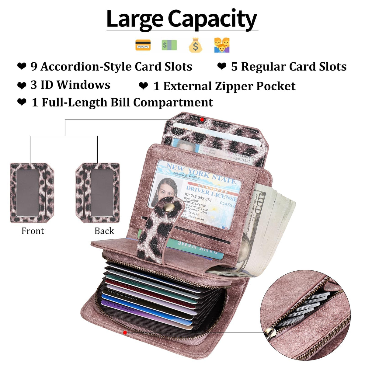 GAEKEAO Small Leather Credit Card Holder Wallets for Women RFID Blocking Bifold Wallet Zipper Pocket with Removable ID Window