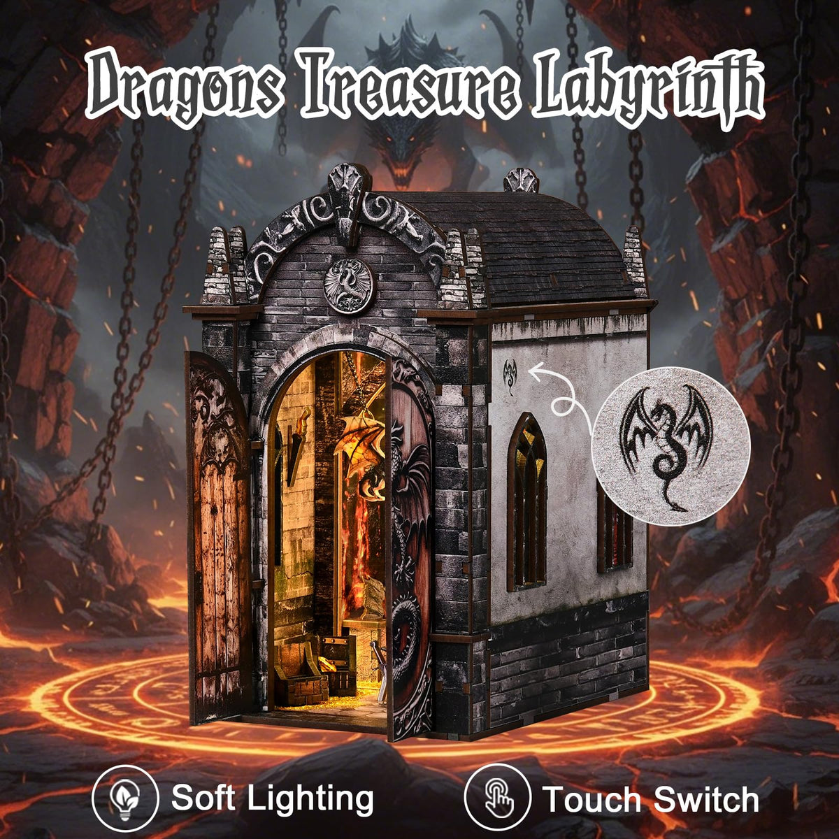obzergem Book Nook Kit(Dragon Hidden Realm) DIY Miniature Kit Bookend, 3D Wooden Puzzle,with Dust Cover for Craft Enthusiasts