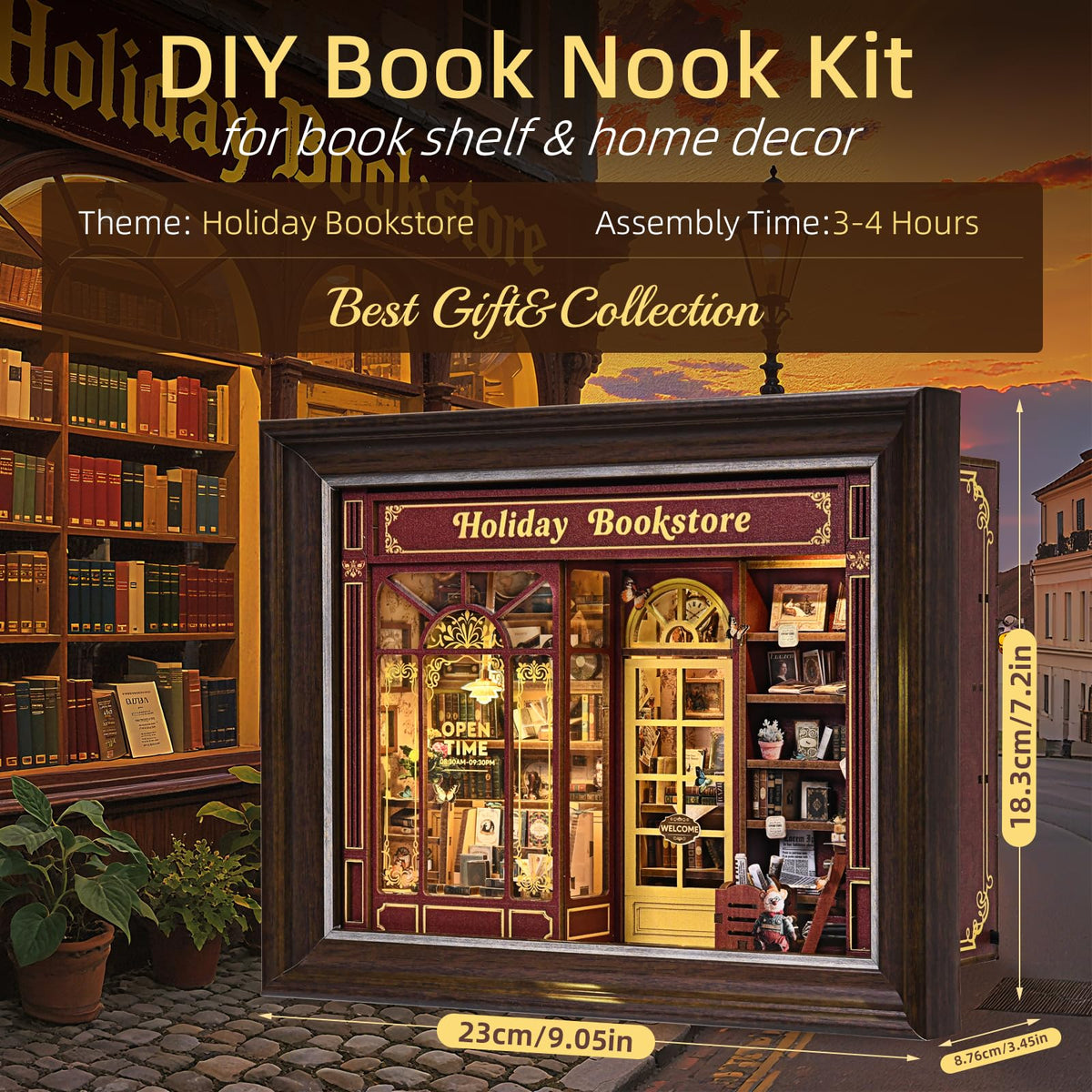 Book Nook Kit-3D Wooden Puzzle with LED Switch Control & Wall-Mountable Frame,DIY Miniature House for Beginners,Bookshelf/Tabletop/Wall Decor for Craft Lovers,Dollhouse Gift,Holiday Bookstore