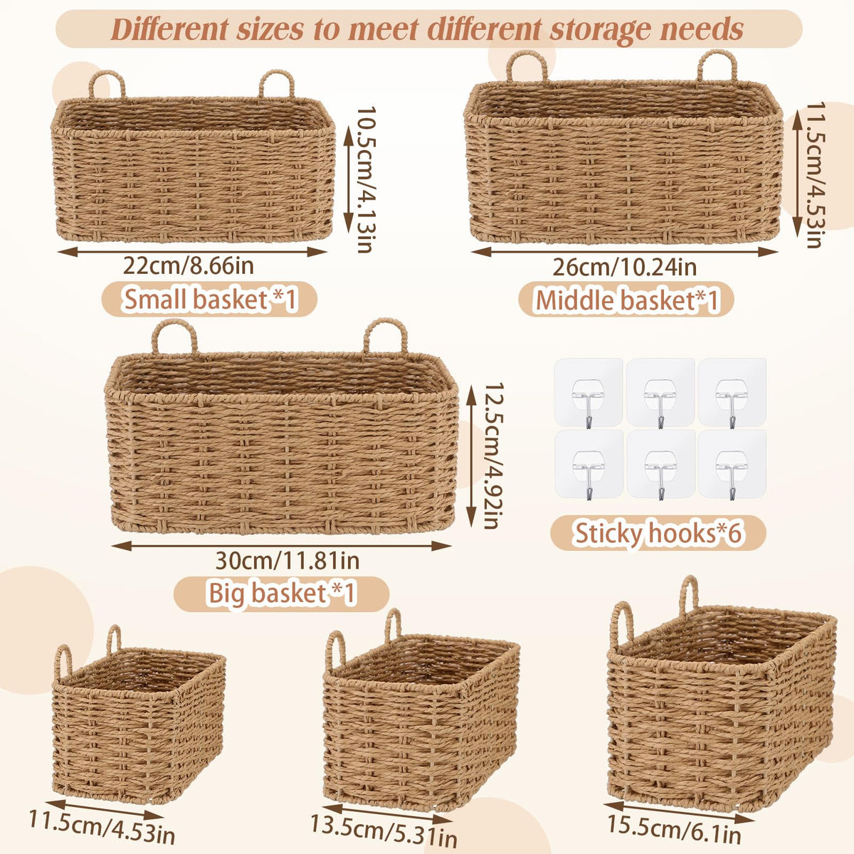 Ferrochef 3 Piece Wall Hanging Baskets for Organizing Paper Rope Woven Baskets Sets Boho Style Storage Bins for Fruits Vegetable Kitchen Storage Farmhouse Wall Decor Housewarming Gifts