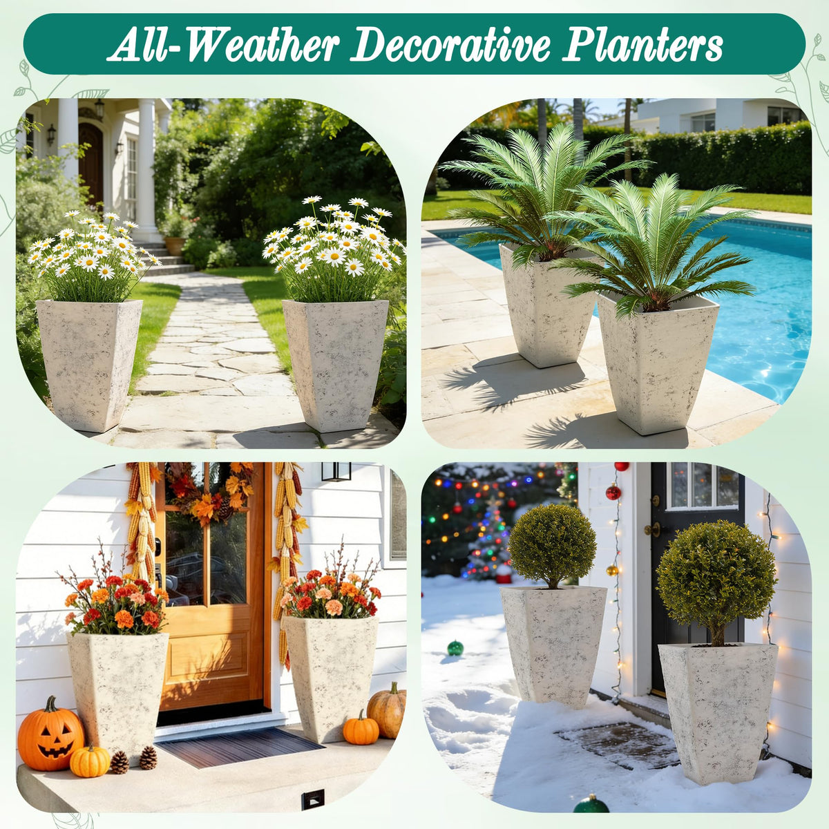 Ultym 19" H Country White Square Planters for Outdoor Plants, Set of 2 Large Flower Pot with Drainage Hole, Weather-Resistant for Porch,Garden, Patio or Indoor Use