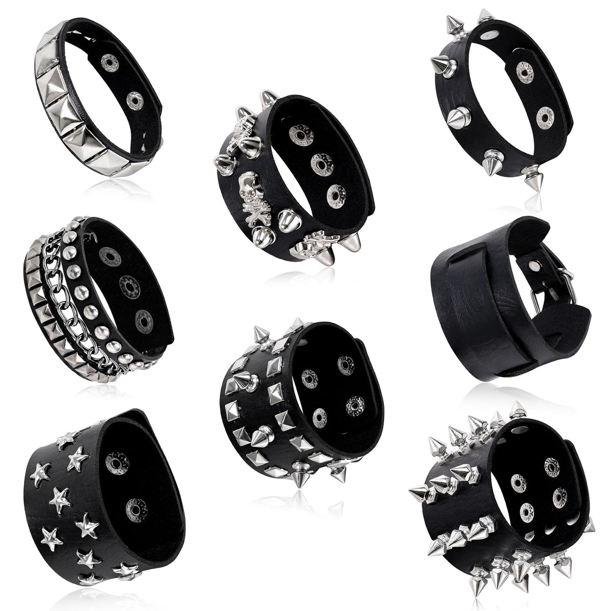 LOAYHOAY 8PCS Spiked Studded Bracelets Cuff for Men Women Black Punk Goth Leather Bracelet Emo Rivet Bracelet Adjustable Rock Pop 80s 90s Retro Button Metal Wrap Wristbands Halloween Accessories C