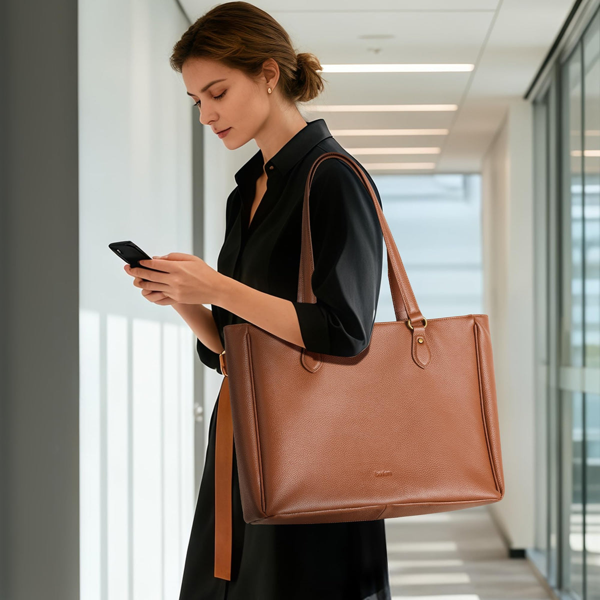 befen Real Leather Work Tote Bag for Women Multi-Pockets Shoulder Totes Purse Satchel Office Bags Handbag with Cup Holder for Work & Travel Cognac Brown