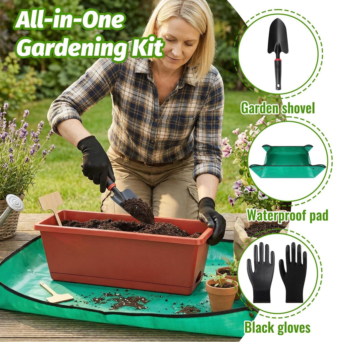 CAKKVDE 7 Pack Window Box Planters, 17 Inch Plastic Rectangular Flower Pots for Indoor/Outdoor Plants, Herbs, Vegetables, Includes Trowel, Waterproof Mat & Gloves (Brick-red)