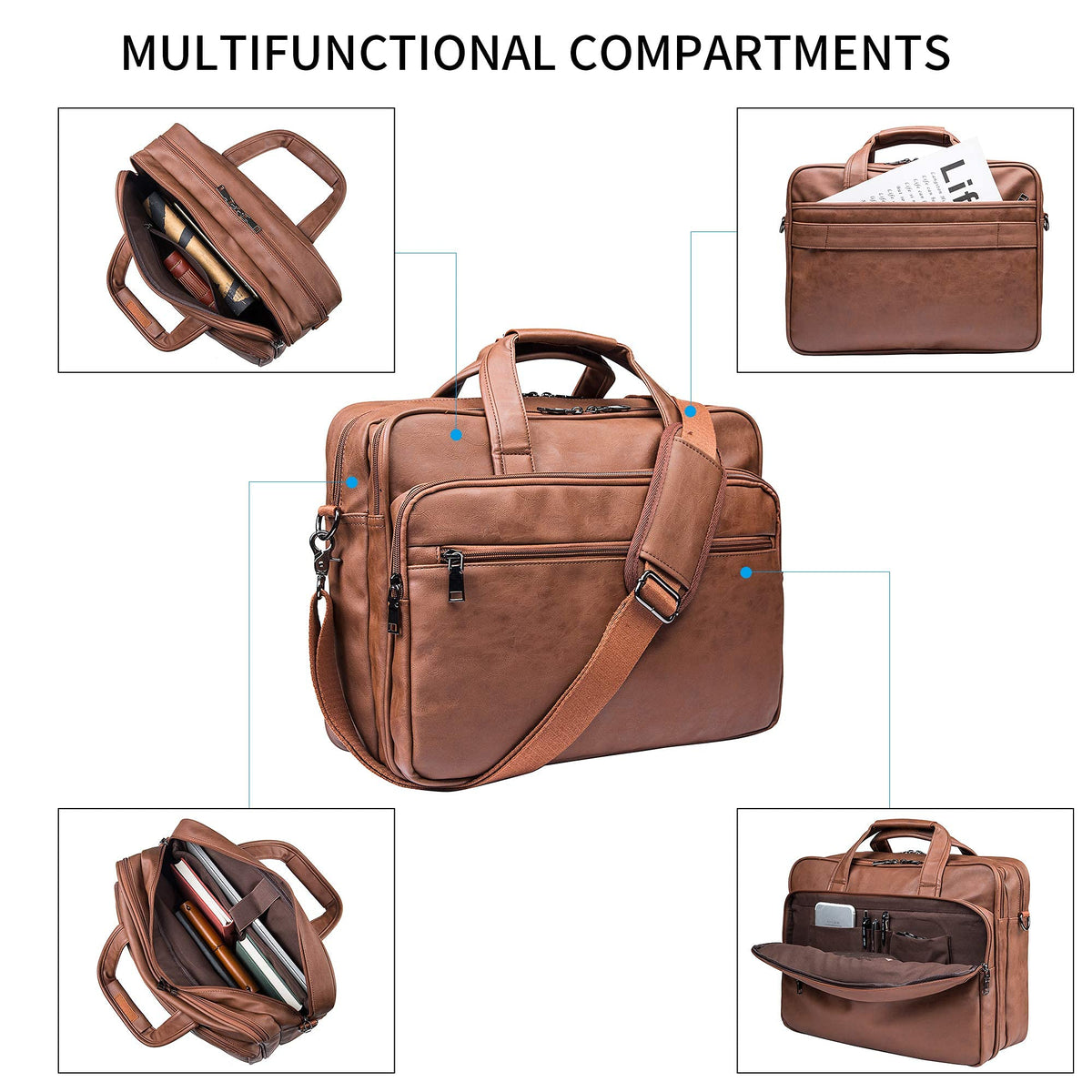Leather Laptop Bag, Men's 15.6 Inches Messenger Briefcase Business Satchel Computer Handbag Shoulder Bag Fits 15.6 Inch Laptop, Computer, Tablet Brown