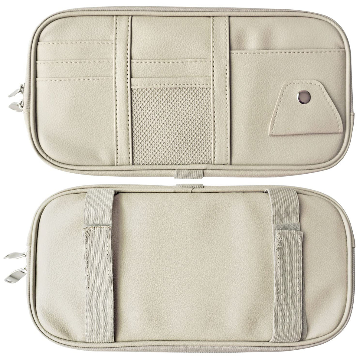 Da by Car Visor Organier Truck SUV Sun Visor Storage Pocket PU Leather Pouch Holder with Multi-Pocket Double Zipper Net Pocket, for Cards Pens Sunglasses Document (Cream Grey)