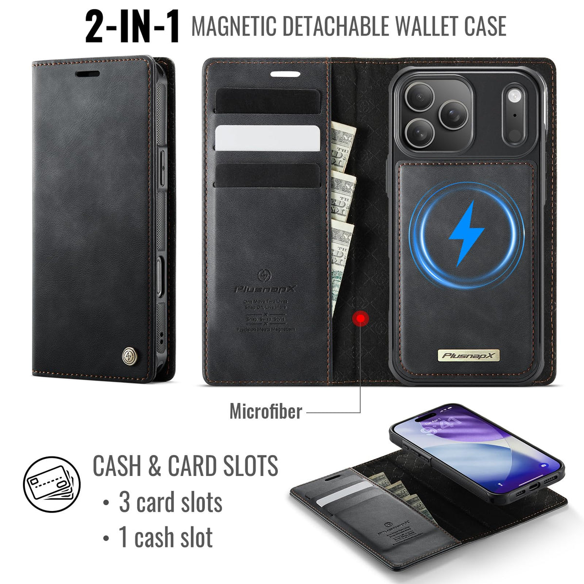 PlusnapX Wallet Case for iPhone 17 Pro Max Compatible with Magsafe, 2-in-1 PU Leather Flip RFID Blocking Card Holder Stand Shockproof Magnetic Detachable Cover for iPhone 17 Pro Max Case 6.9", Black