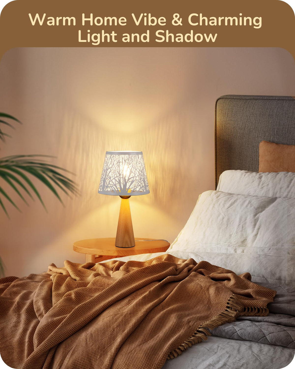 EDISHINE Small Table Lamp, Wooden Bedside Lamp with Iron Lampshade, Light Wood Color, E26 Socket, ON-Off Switch