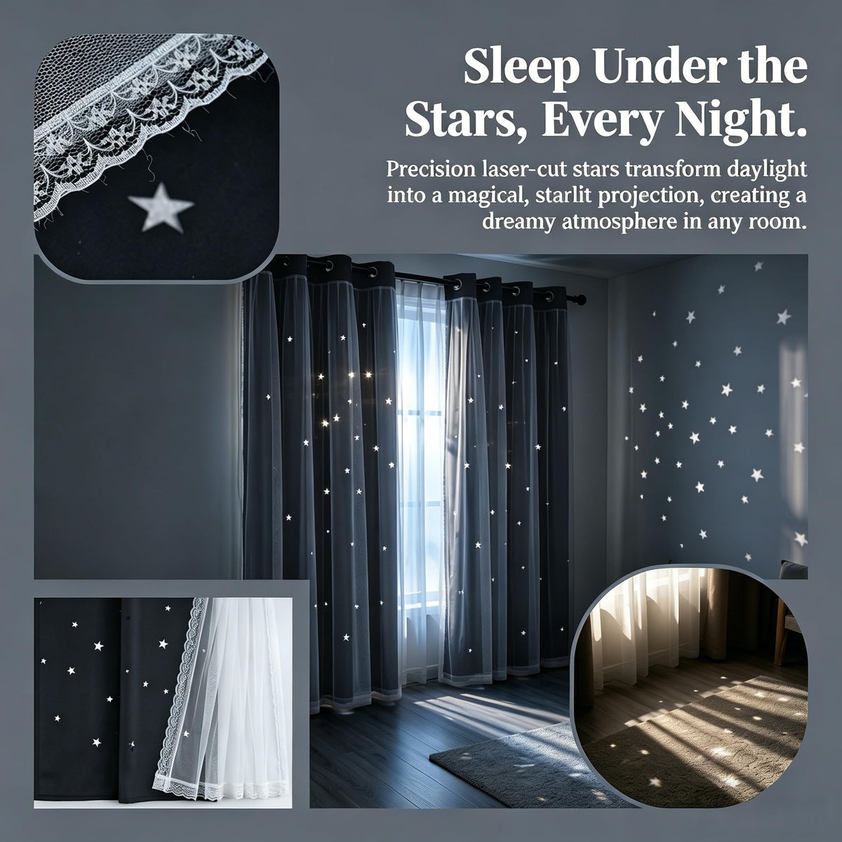 Kinryb Grey Star Curtains for Bedroom Star Hollow Out Blackout Curtains for Kids Room Decor Double Layer Cut Out Window 2 Panel with Tiebacks 52W x 84L Grey