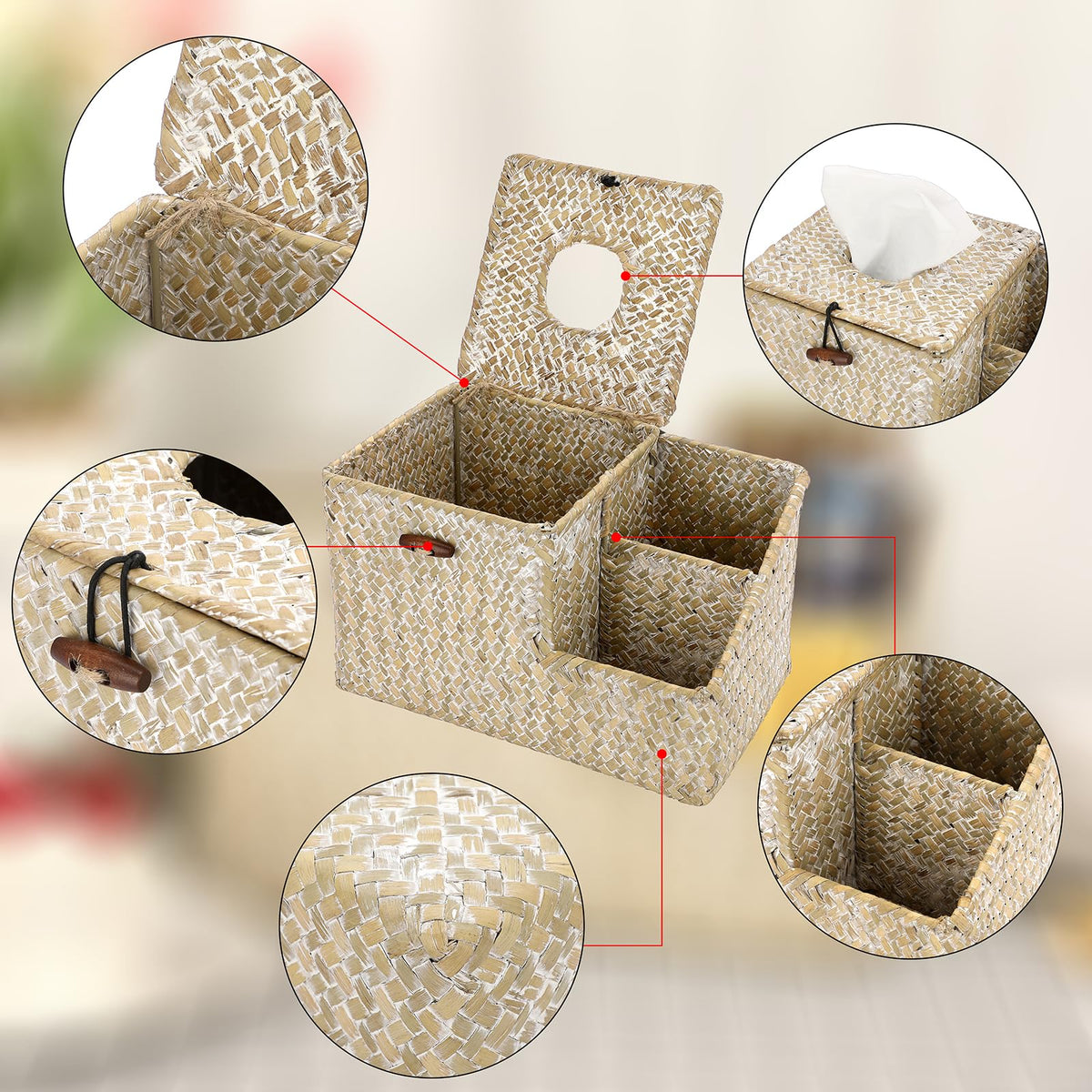 Sumnacon Tissue Box Cover-Square Woven Tissue Box Organizer for Desk Rustic Seagrass Tissue Box Holder with Side Organizer Decorative Cube Tissue Cover for Bathroom Home Office Table Counter Whitewash