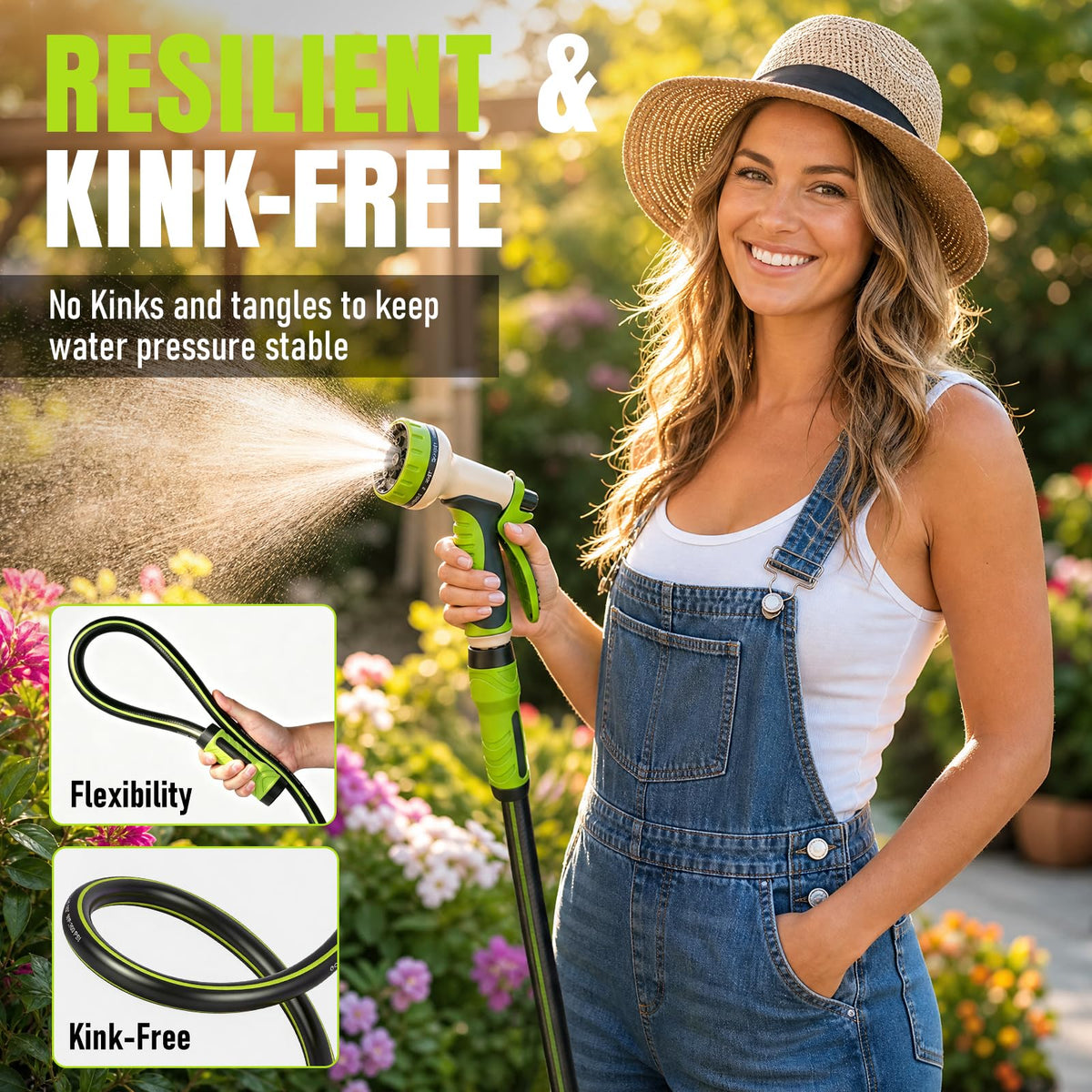 Garden Hose 50ft x 5/8", Heavy Duty Water Hose, Flexible and Durable, Kink Resistant Lightweight Hybrid Hose, Leakproof Yard Hose with Male to Female Fittings